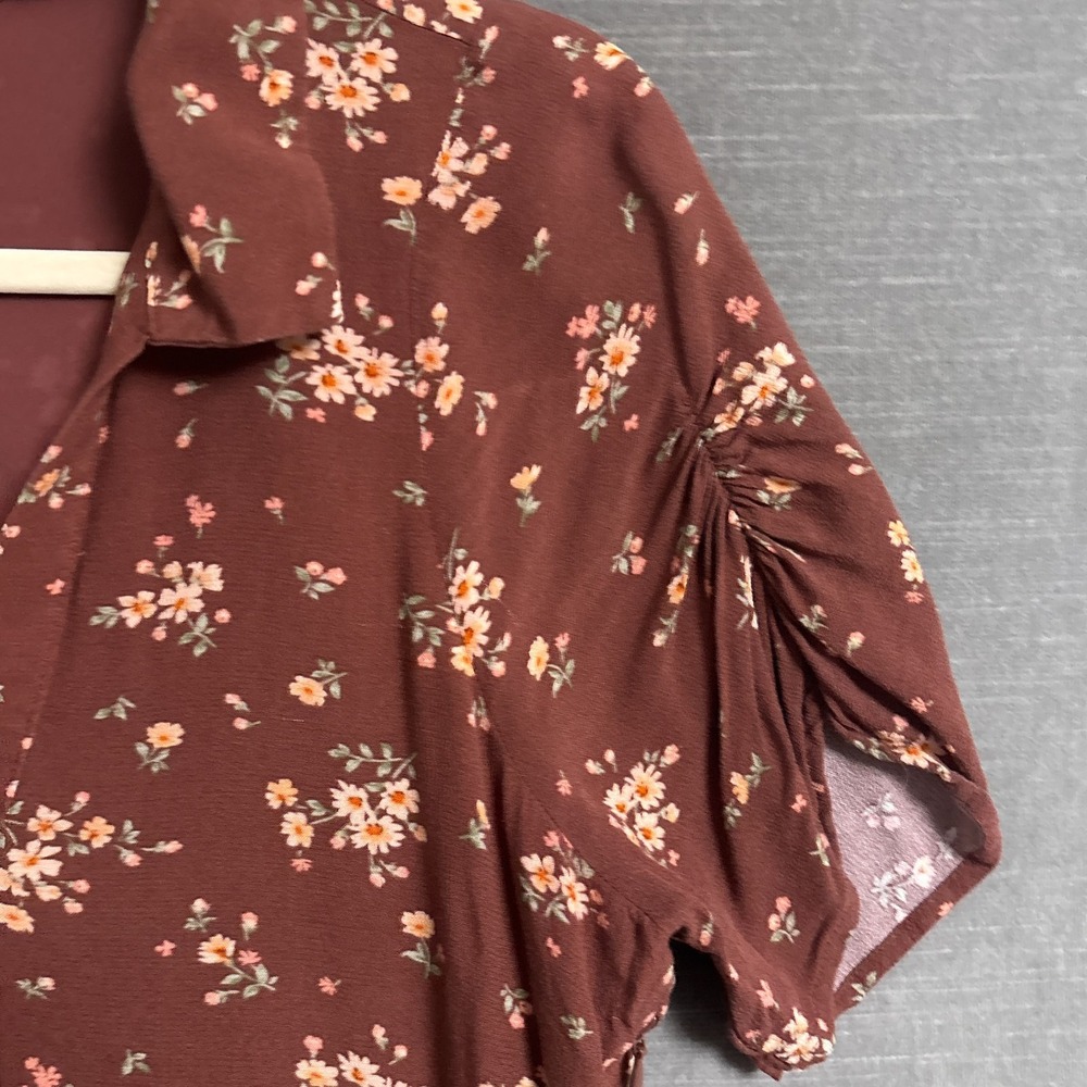 American Eagle Dress M Brown Ditzy Floral Shirtdress Ruffle Shift 90s y2k Retro - Picture 5 of 14